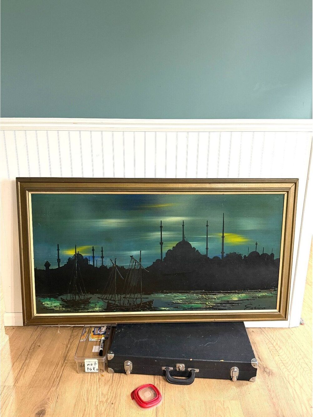 MCM Framed Signed Painting of City Skyline at Dusk  52” x 28.5”
